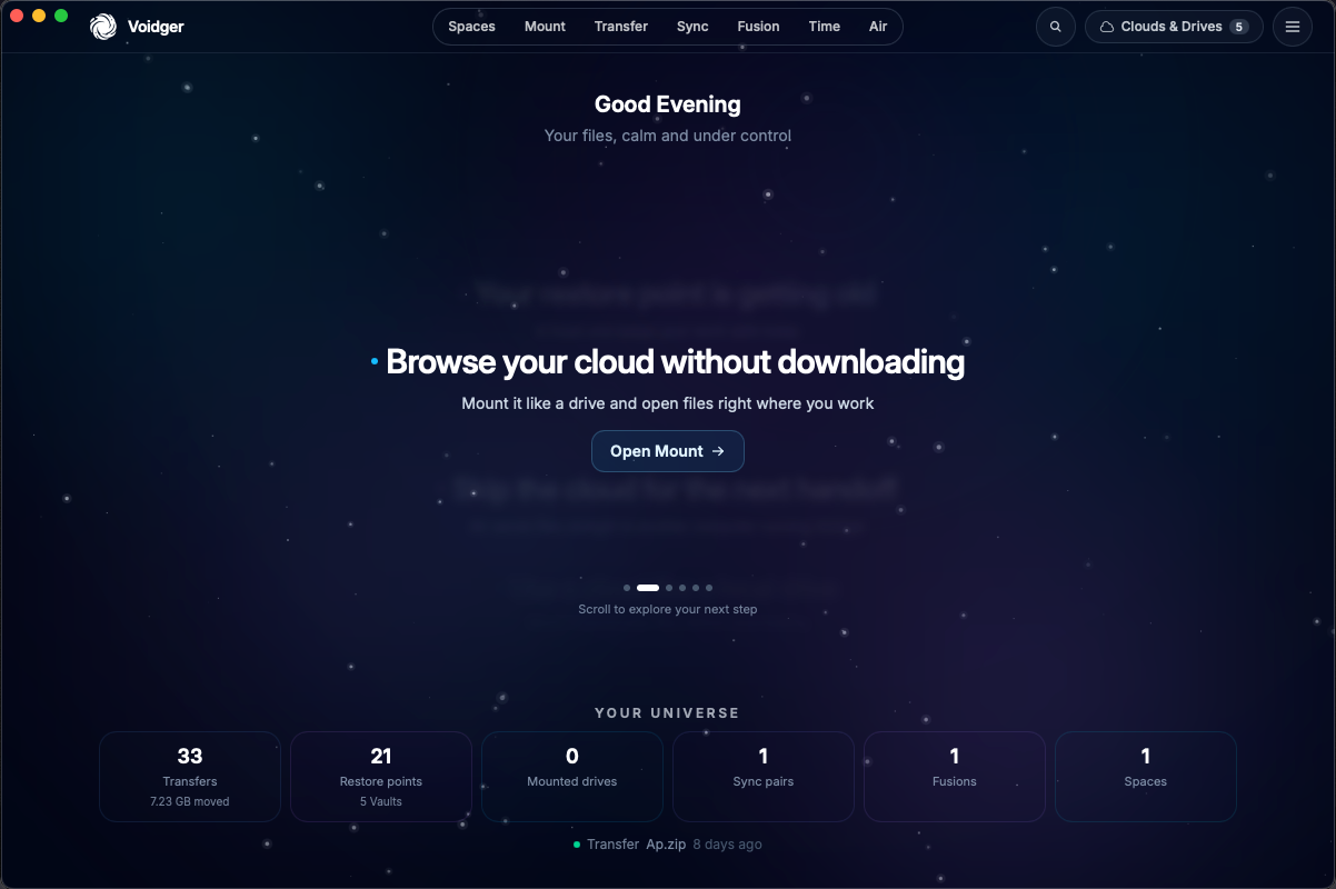 Actual Voidger home screen in English, with access to Spaces, Mount, Transfer, Sync, Fusion, Time, and Air.